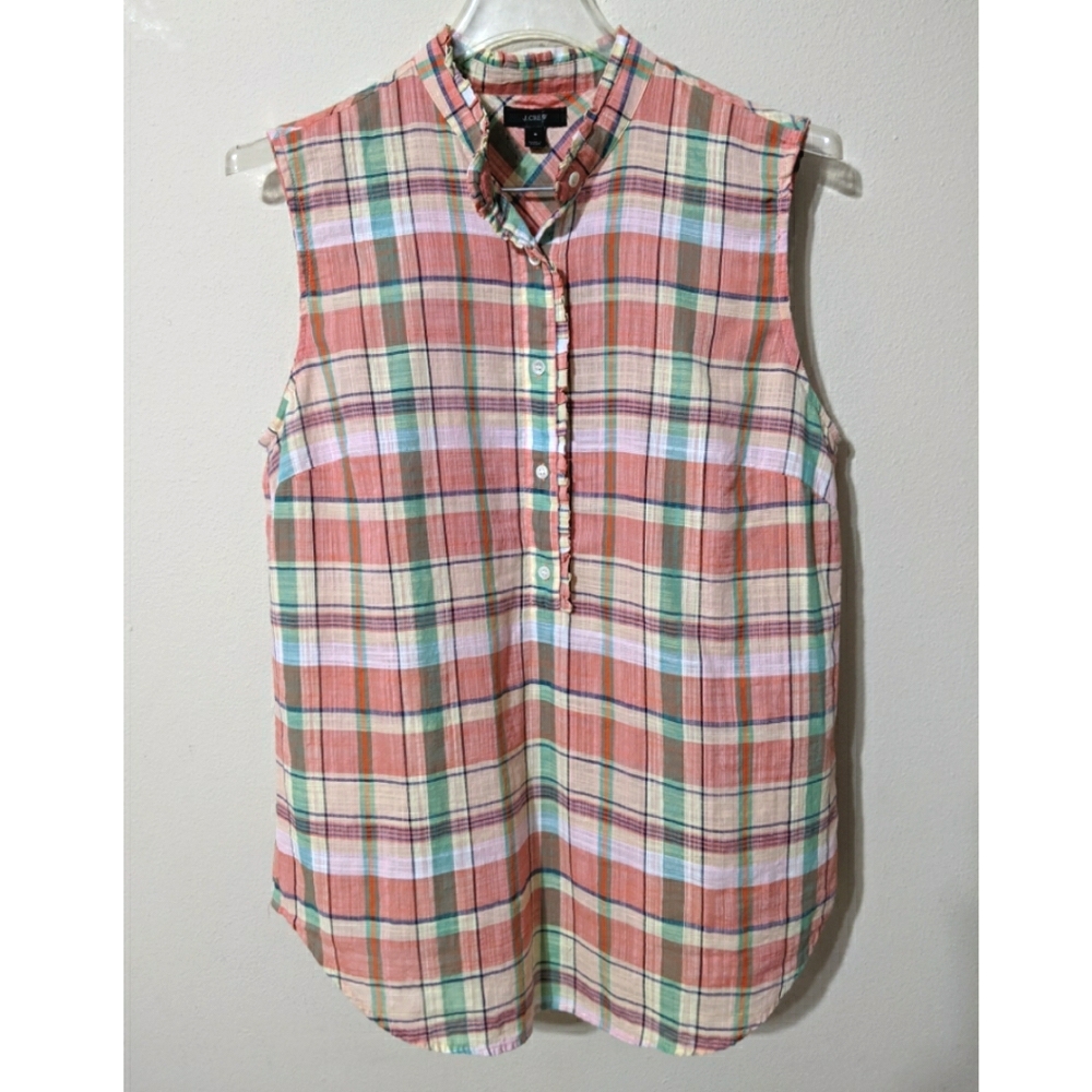 🌸J.Crew Sleeveless Melon Plaid Blouse Size 8